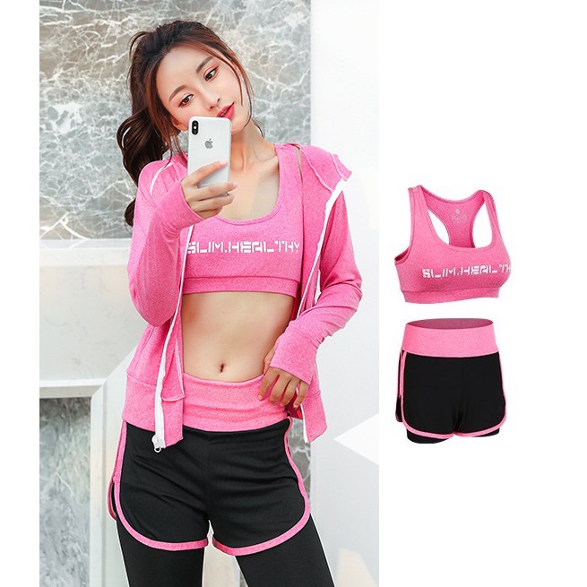 Set Quần Áo Tập GYM Nữ 2 Món, Bộ Đồ Thể Thao Tập GYM YOGA Áo Bra Quần Đùi 2 Lớp