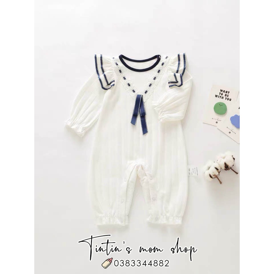 Sét body cotton nơ thủy thủ cho bé gái 0-24M (Kèm mũ)