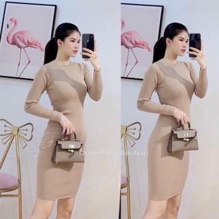 Váy body dài tay cổ tròn chất cotton tăm 71 2 HN456