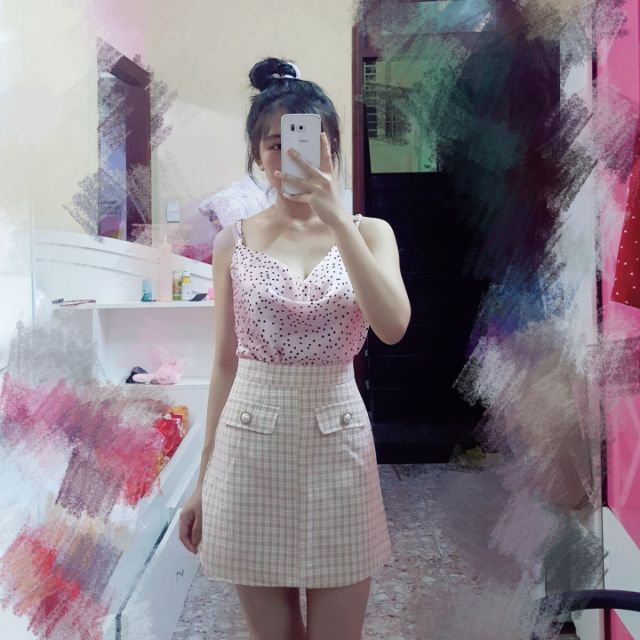 Sẵn] (Clip thật) Áo phi lụa cổ đỗ dây tăng đơ Size SML AQC44 | BigBuy360 - bigbuy360.vn