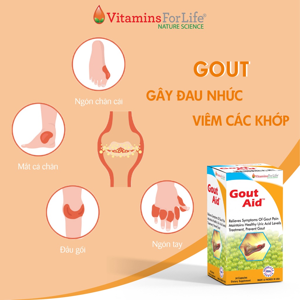 Viên uống hỗ trợ bệnh gút Gout Aid Vitamins For Life 30 Viên - Tart Cherry Goutaid hỗ trợ giảm acid uric