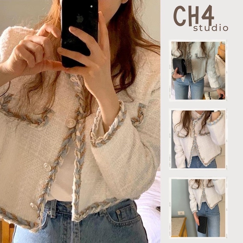 Áo khoác dạ, áo tweed form rộng croptop màu trắng có viền sọc xanh thu đông