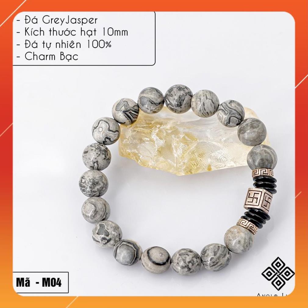 Vòng tay nam Grey Jasper 10mm + Charm Vạn - Chế tác tự nhiên - Thương hiệu Anqlo - Vòng tay phong thủy tốt cho sức khỏe