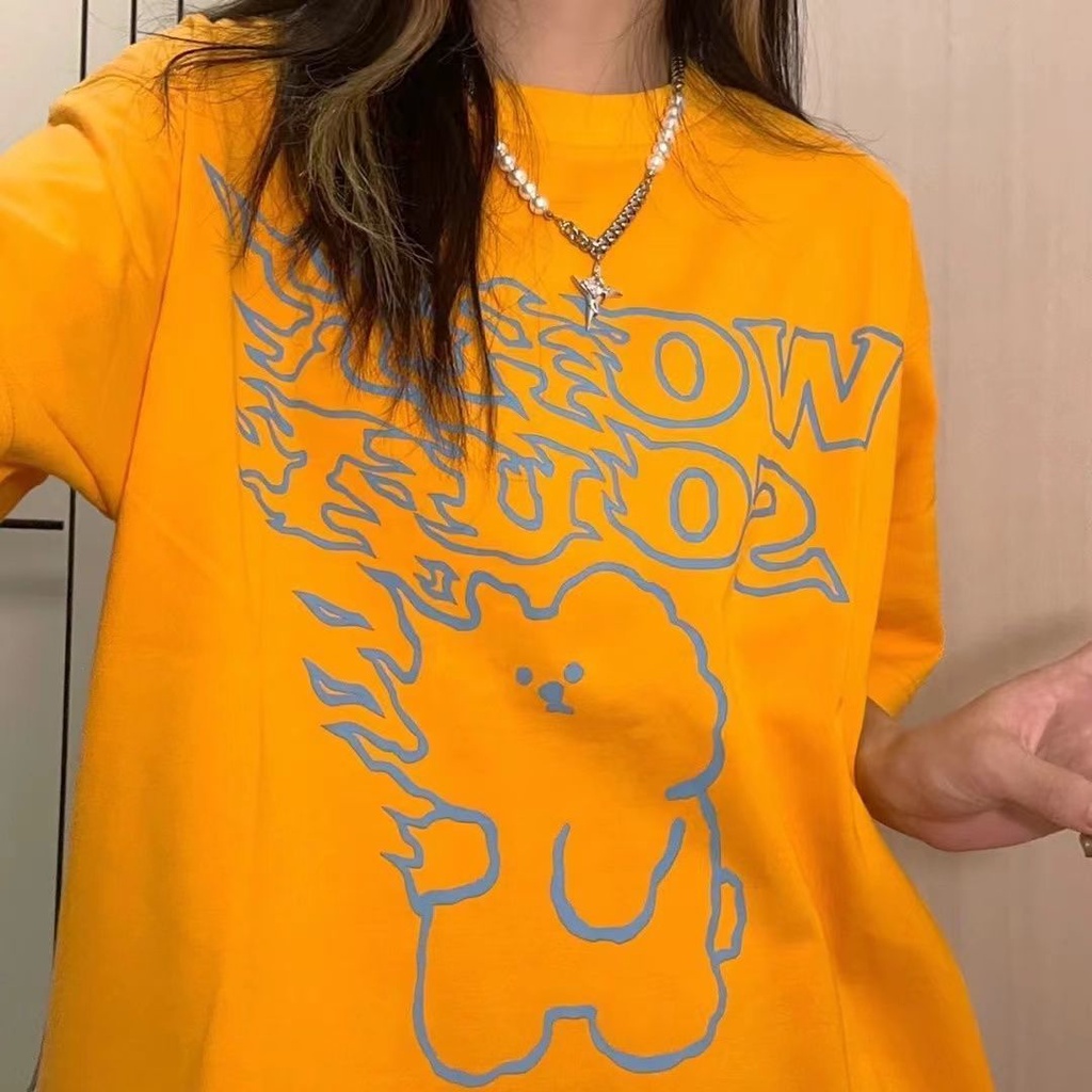 Jiashucheng Áo Thun Nữ Ngắn Tay Dáng Rộng In Hình Gấu Màu Cam Dễ Thương