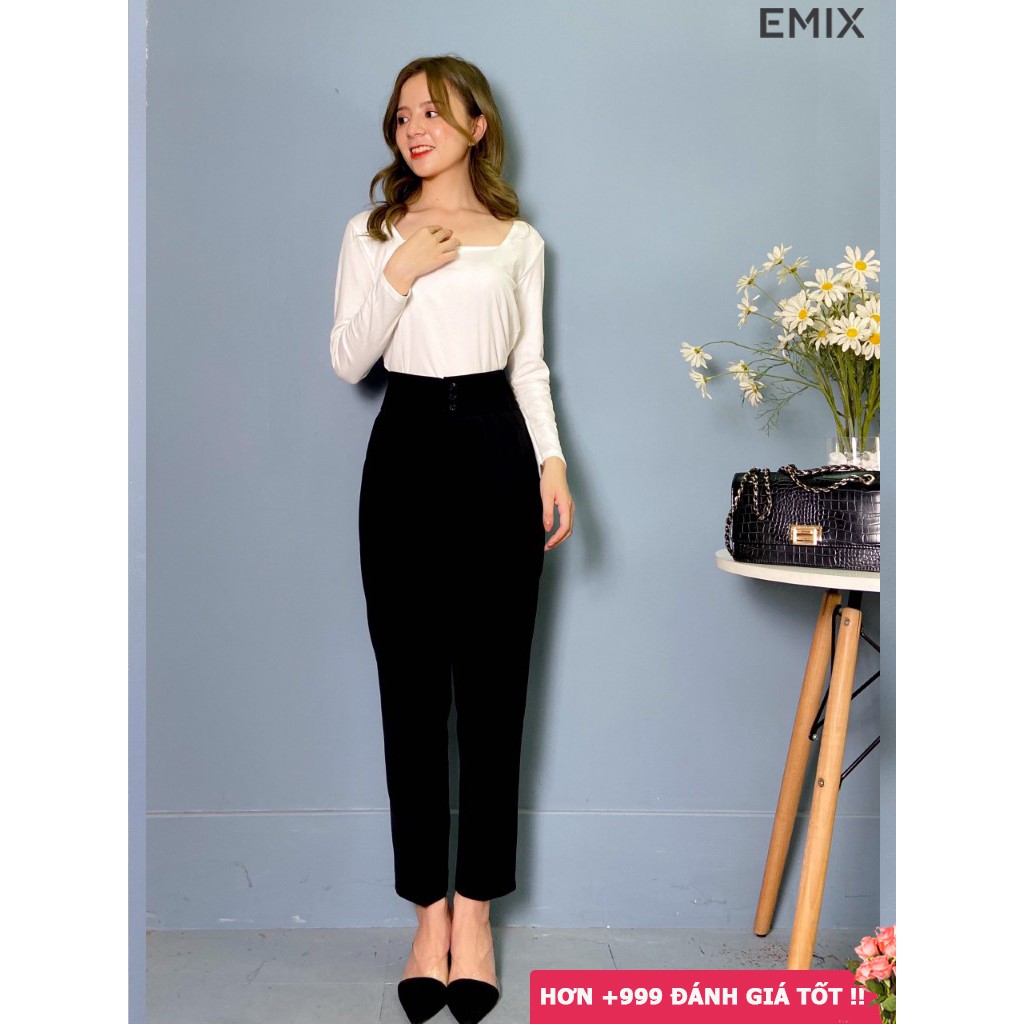 Quần tây nữ baggy công sở 3 cúc EMIX , cạp cao, túi chéo, có đai lưng, vải tuyết mưa mềm nhẹ, sơ vin lịch sự