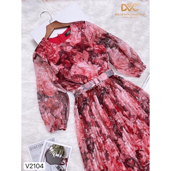 V2104 váy voan hoa dài tay màu đỏ