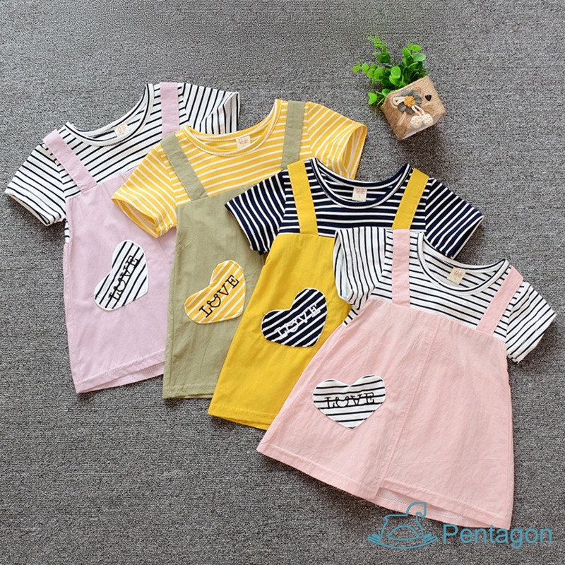 Đầm Ngắn Tay Giả Hai Lớp Họa Tiết Sọc Dễ Thương Thời Trang Mùa Hè Cho Bé Gái