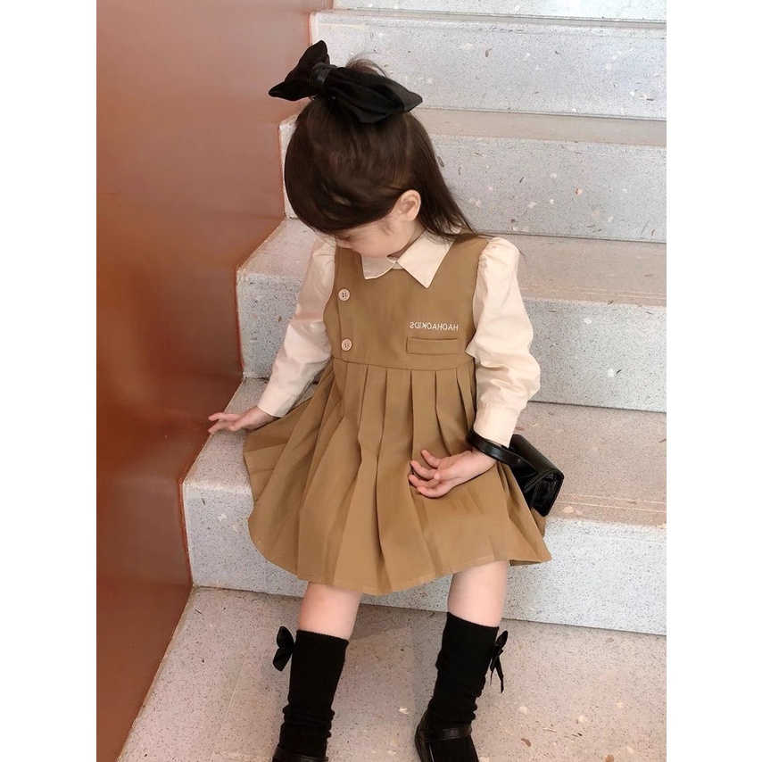 Đồ bộ bé gái, Set tiểu thư áo sơ mi dài tay bồng và váy yếm chữ A, xếp ly chất thô cao cấp cho bé từ 7-18 kg, SUN KID'S