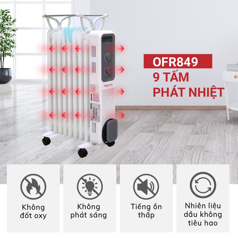 Máy sưởi dầu không đốt oxi không khô da CN Nhật Bản Nhập Khẩu FUJIHOME 11 thanh, sưởi điện tự động ngắt, Bảo hành 1 năm