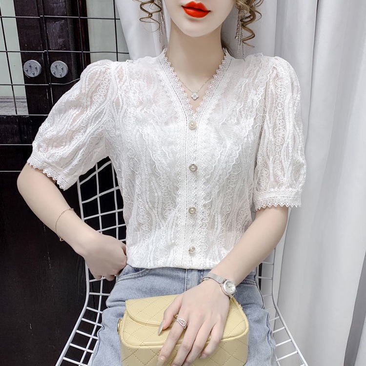 Áo sơ mi tay ngắn cổ chữ V màu trơn phối ren thời trang mùa hè phong cách Hàn Quốc cho nữ