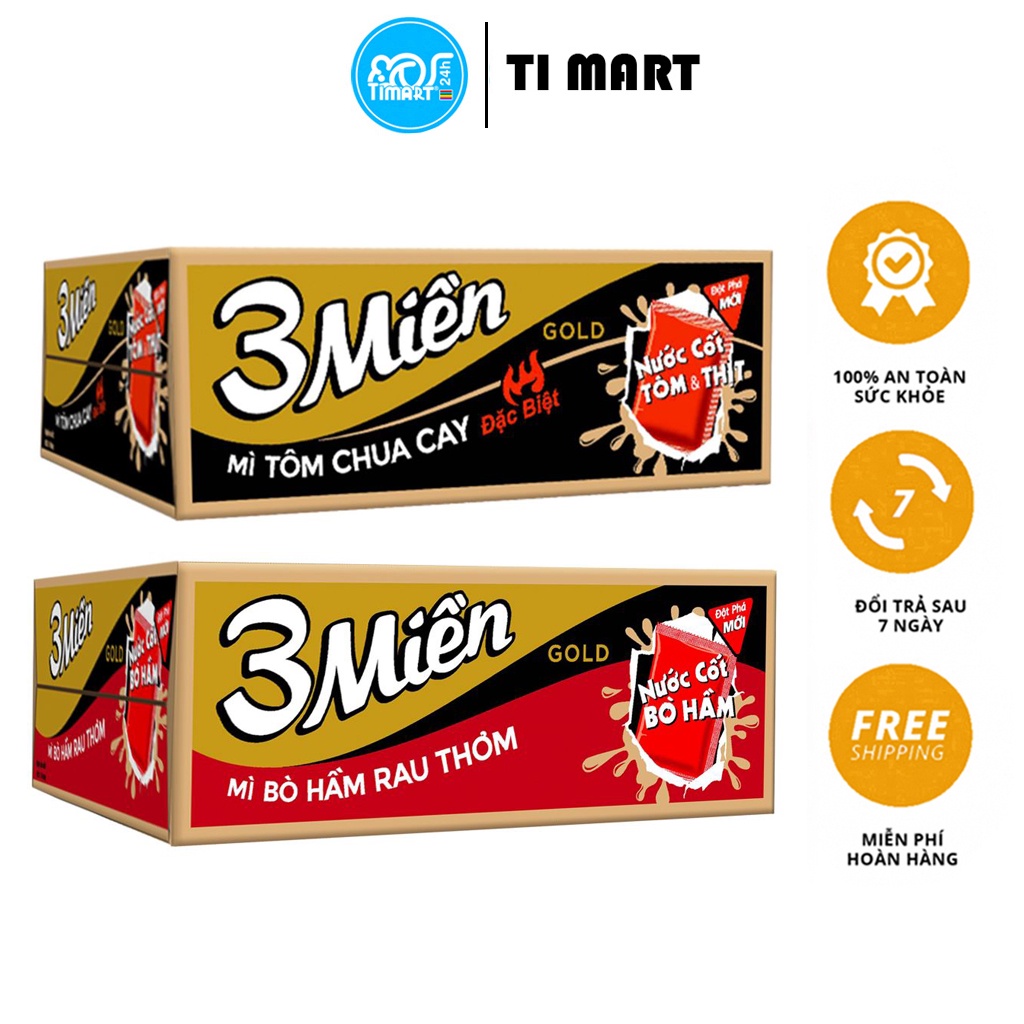 Thùng 30 gói mì 3 Miền Gold vị bò hầm rau thơm / tôm chua cay ĐẶC BIỆT 75g