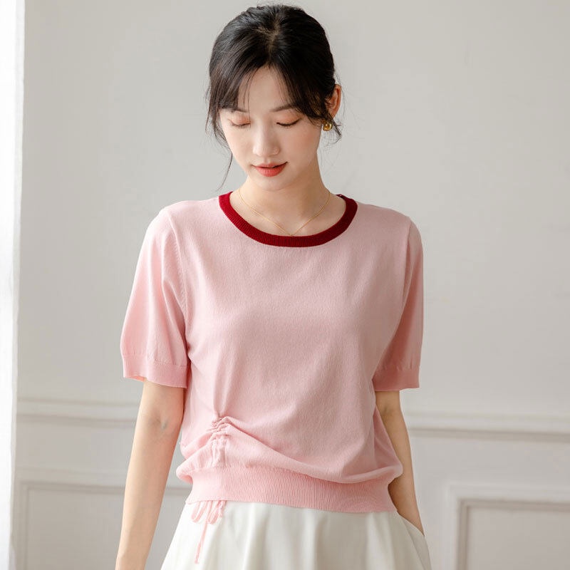 Áo thun YEYA tay ngắn cổ tròn vải lụa lạnh mỏng màu trơn phối dây rút cá tính cho nữ