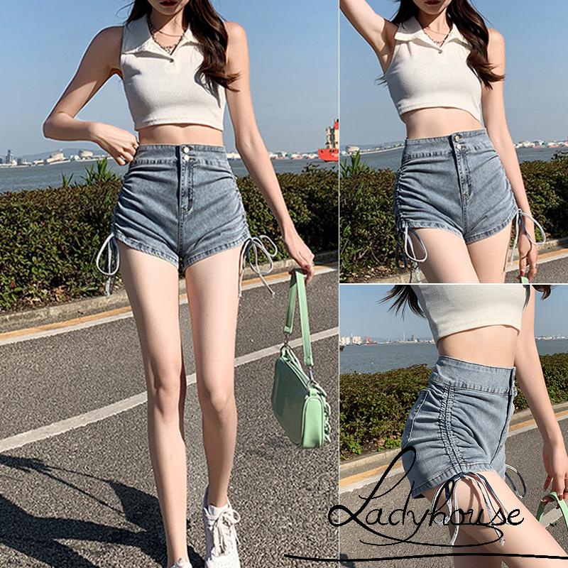 Quần Short Jean Ngắn Lưng Cao Co Giãn Phối Hai Hàng Nút Hai Bên Màu Trơn Cho Nữ