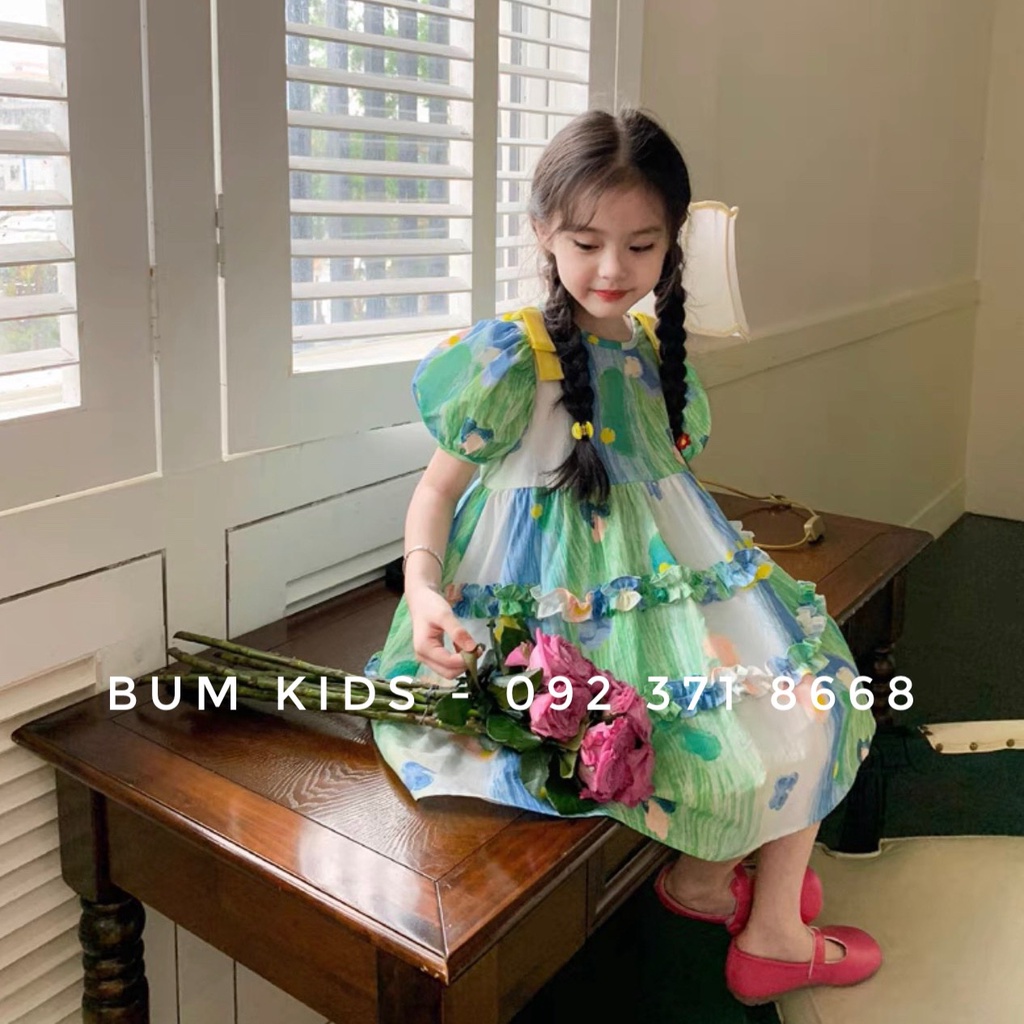 Váy hoa xanh đính nơ vàng điệu đà cho bé gái từ 8-35kg cao cấp G20