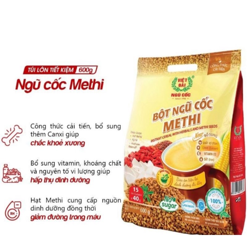 Sữa Bắp / Bột ngũ cốc Methi / Gạo lứt huyết rồng Ngũ Cốc Canxi Việt Đài 600G (20 gói x30G)