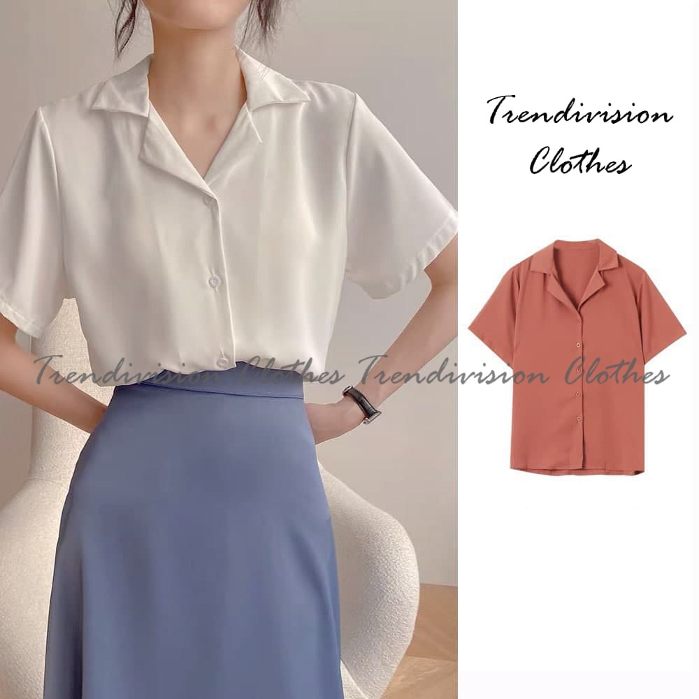 Áo Sơ Mi tay ngắn cổ vest nữ form rộng đẹp Freesize hàn quốc trắng đen kem xanh hồng vintage hàn quốc