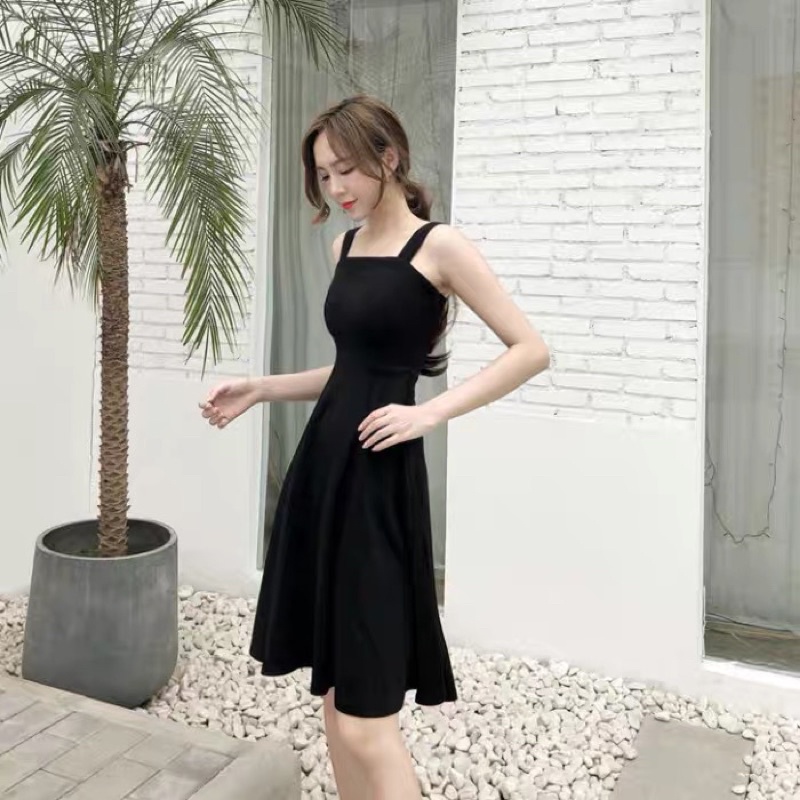 Váy xoè  hai dâymàu đen cho mùa hè của nữ -hàng chuẩn không phai hàng xưởng may lại