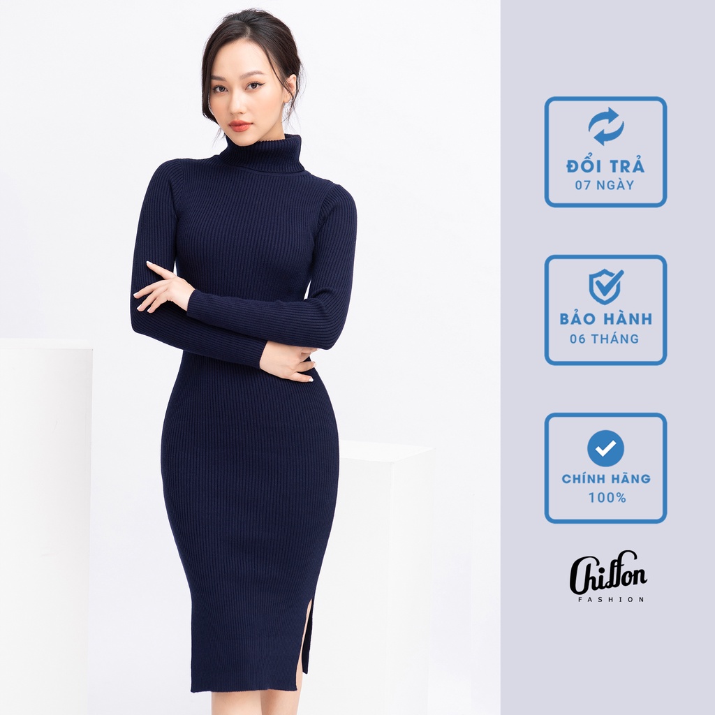 Váy len dáng dài cổ lọ xẻ 1 bên thiết kế Chiffon. Đầm len dài tay cổ cao | BigBuy360 - bigbuy360.vn