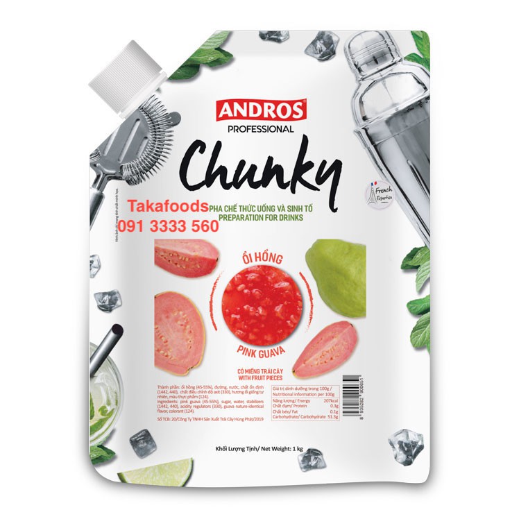 Mứt trái cây vị ổi hồng Chunky thương hiệu Andros 1 kg với 18 mùi trái cây tươi. Hàng công ty giá sỉ. Thùng 8 gói
