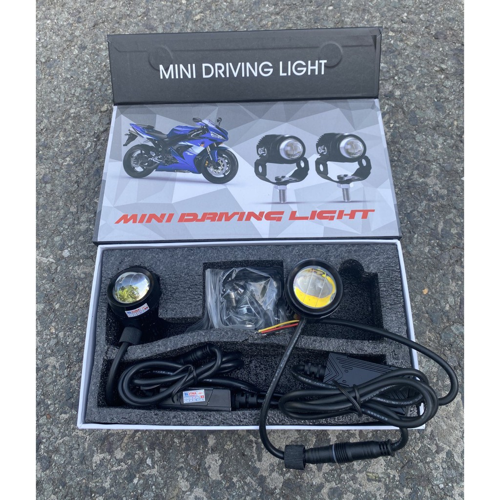 Đèn trợ sáng xe máy bi cầu mini 2 chế độ trắng - vàng loại 1 (Có Nguồn Nhôm)