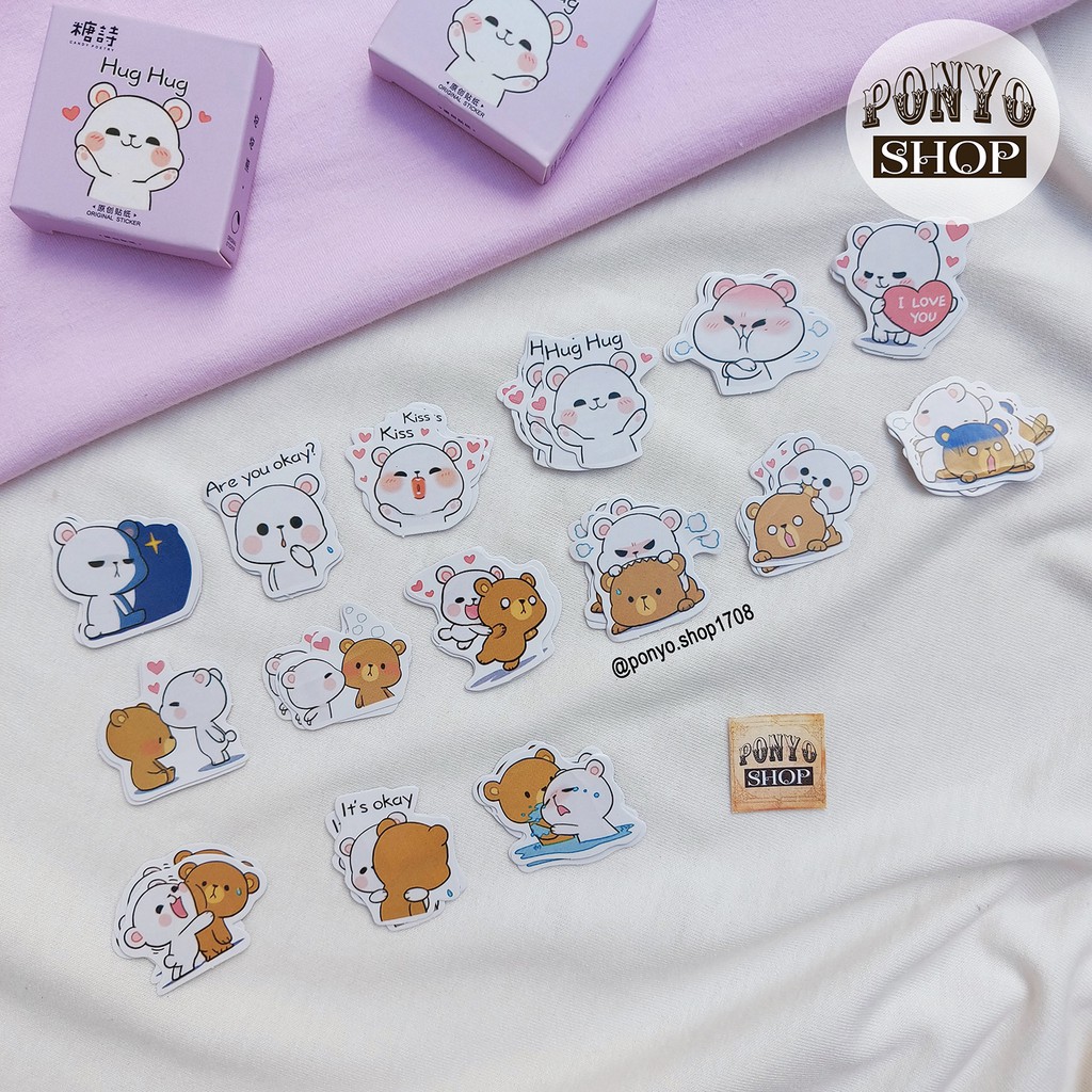 🐻🐼 Hộp 45 sticker nhãn dán Bear Couple trang trí Scrapbook
