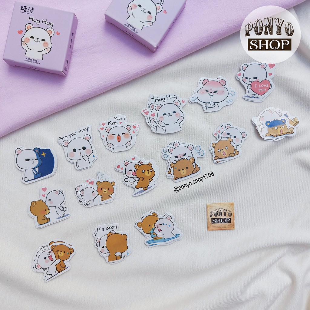 Hộp 45 sticker nhãn dán Bear Couple trang trí Scrapbook