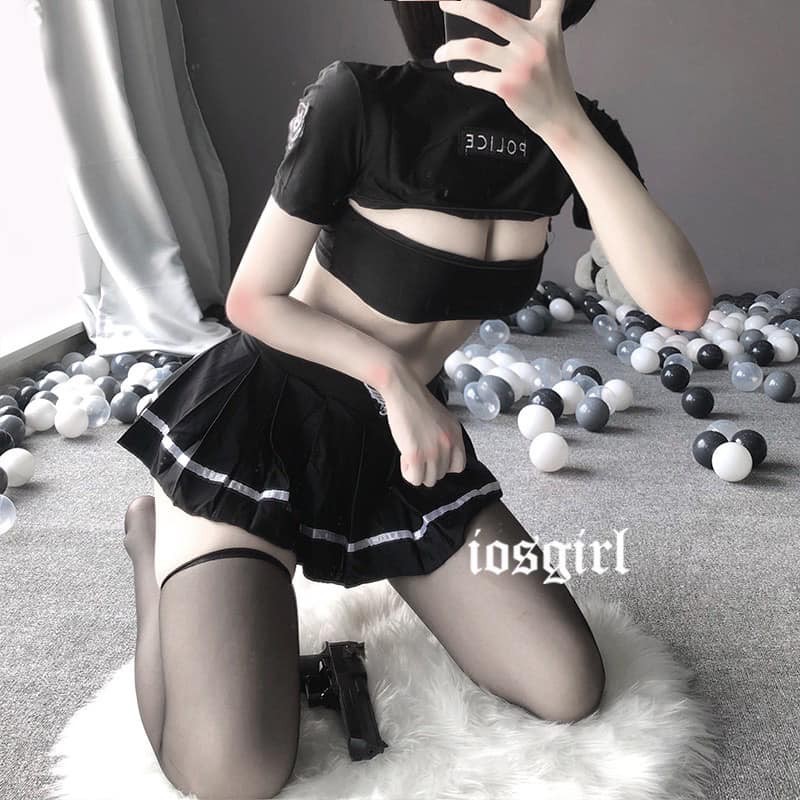(Có sẵn) Cosplay hóa trang nữ cảnh sát quyến rũ, chất thun màu đen freesize đến 55kg