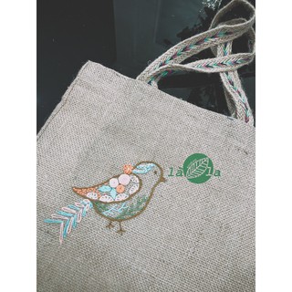 Túi vải đay thêu tay hình chim (30x40cm) kèm móc khoá thêu tay