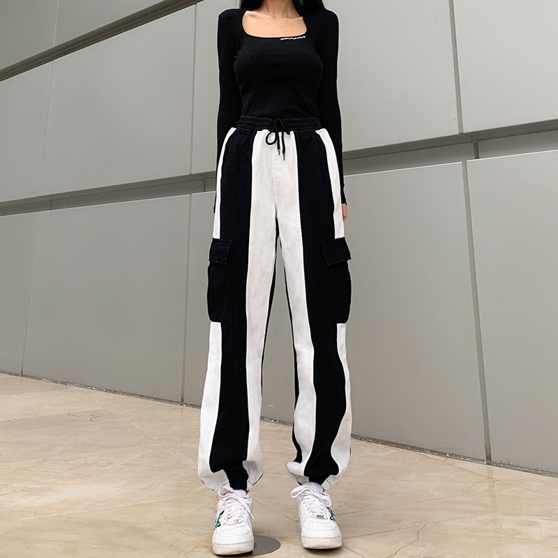 Quần thể thao ghép trắng đen lai chun co giãn cá tính HQD52 Hỉn Hỉn Store