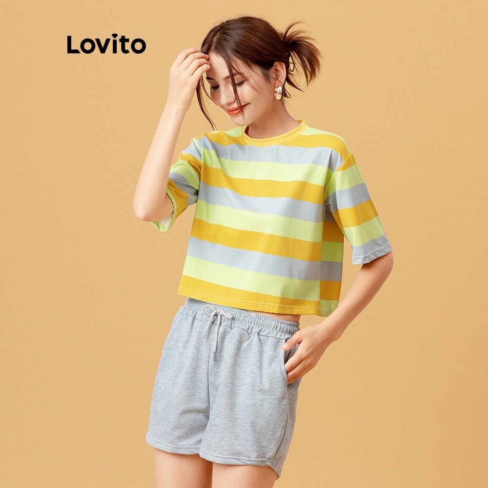 Áo thun Lovito họa tiết kẻ sọc phong cách thường ngày L05250 (Màu Vàng/Hồng) | BigBuy360 - bigbuy360.vn