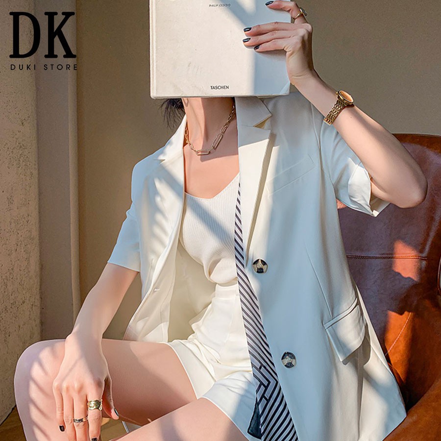 Áo khoác blazer, áo vest blazer nữ ngắn tay dáng dài màu trắng cực yêu BLU0018 - DUKI STORE