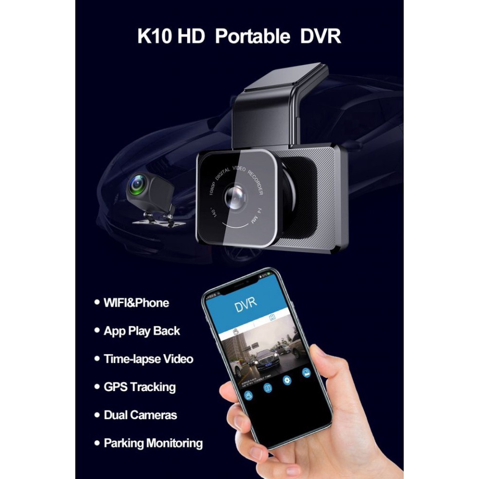 Camera Hành Trình K10 Dvr Wifi Gps 1080p Hd Tầm Nhìn Ban Đêm 24h Cho Xe Hơi