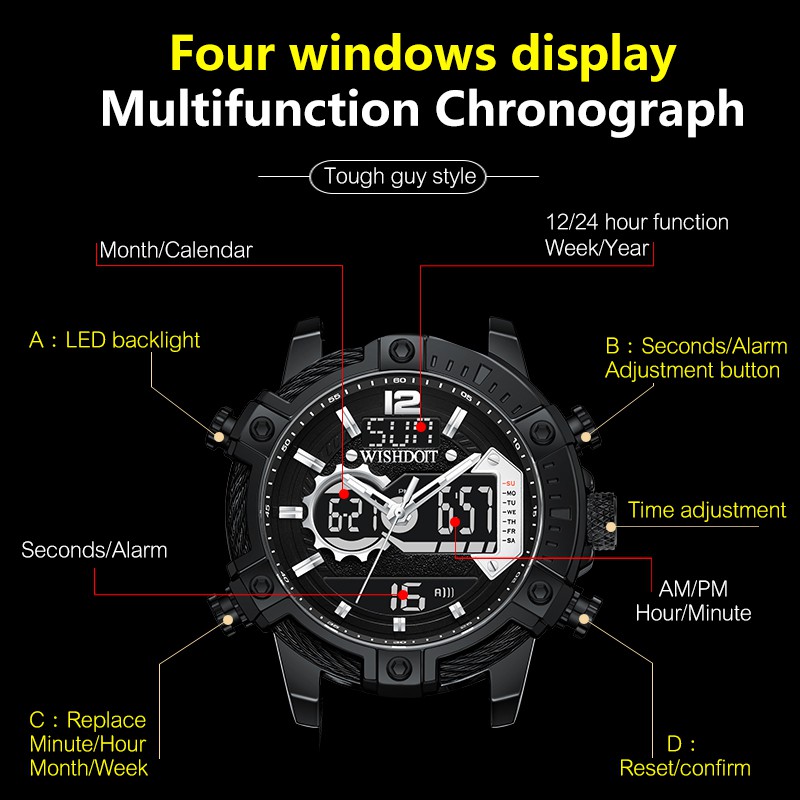 【Official product】WISHDOIT Men's Multifunction  Chronograph Dual display watch Europe and America Tough guy style Industrial style Sport swimming Quartz watches Calendar Luminous function Casual watch Personalized fashion trend watches