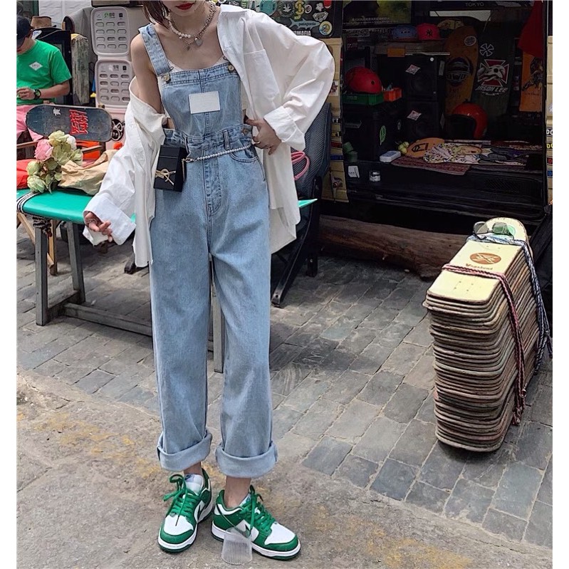 Quần yếm bò jeans ulzzang ống suông rộng / Yếm jeans áo liền quần ống rộng | BigBuy360 - bigbuy360.vn