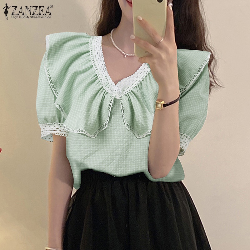 Áo sơ mi ZANZEA tay ngắn viền bèo họa tiết caro thời trang Hàn Quốc cho nữ