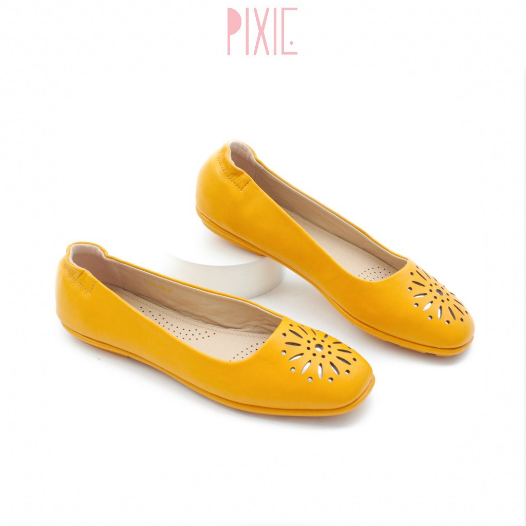 Giày Búp Bê Mũi Vuông Đế Âm Da Mềm Cắt Hoa Trang Trí Màu Vàng Pixie P526