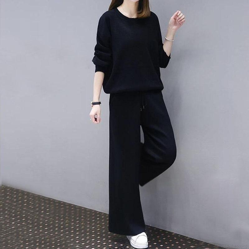 Set 2 món áo thun tay dài + quần dài ống rộng plus size cho nữ
