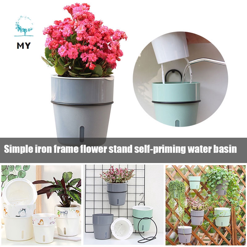 Vỏ bọc chậu hoa bằng mây nhựa dáng tròn kèm móc và giá đỡ treo trang trí nội thất