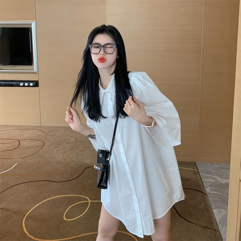 Áo Sơ Mi Ngắn Rộng Tay Phồng Màu Trơn Phong Cách Mới Mùa Hè 2023 Dễ Phối Đồ Dành Cho Bạn Nữ