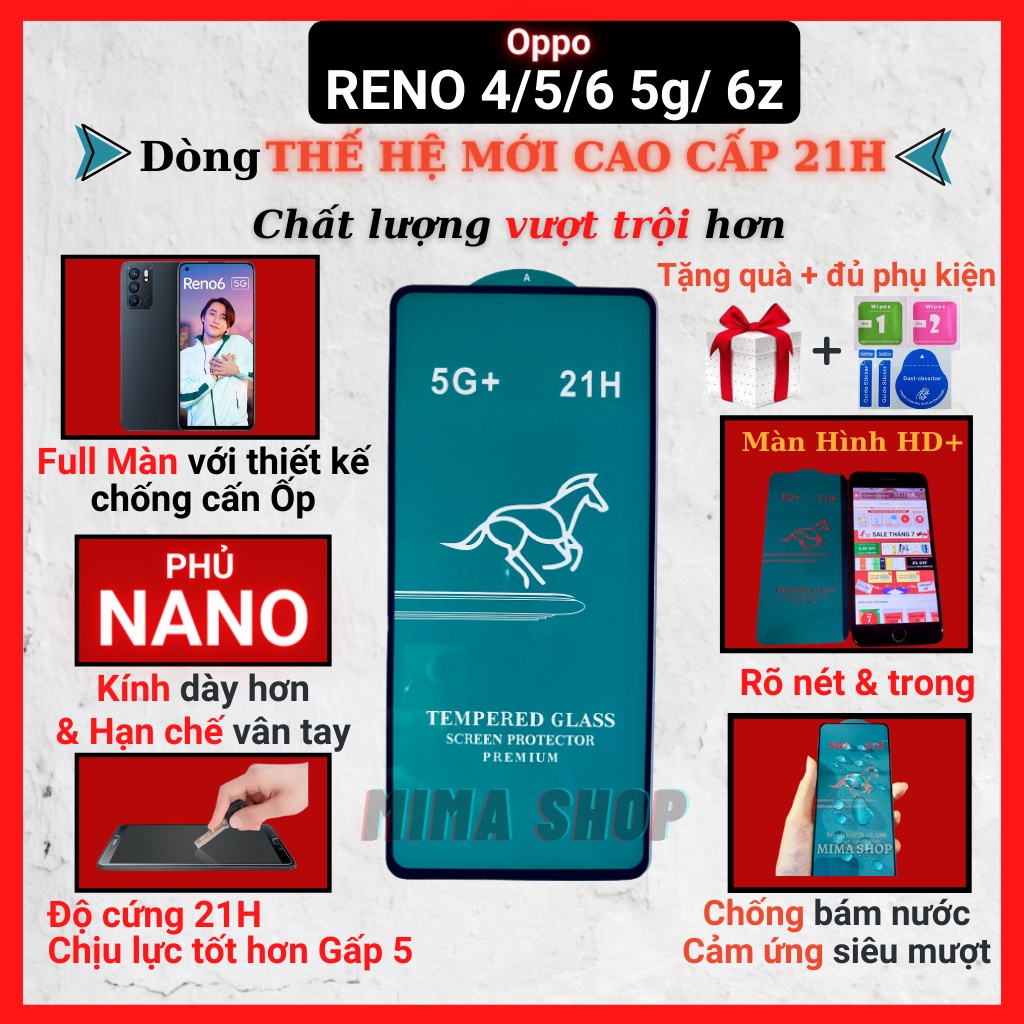 Kính cường lực Oppo Reno 6z/ Reno 6 5g/ Reno 5/ Reno 4 Full màn cao cấp OG+ độ cứng 21H siêu mượt hạn chế vân tay [MIMA]