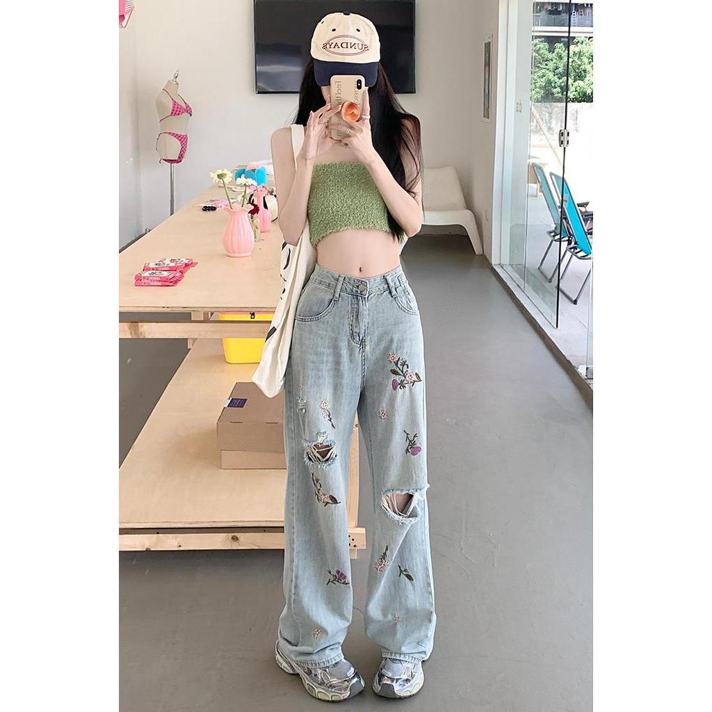 Quần Jean Ống Rộng Rách Gối Thêu Hoa Phong Cách Mới Mùa Hè 64011
