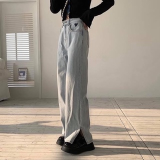 Quần jean denim ống suông dài đứng rộng nữ cạp lưng cao xẻ tà - Order taobao quảng châu