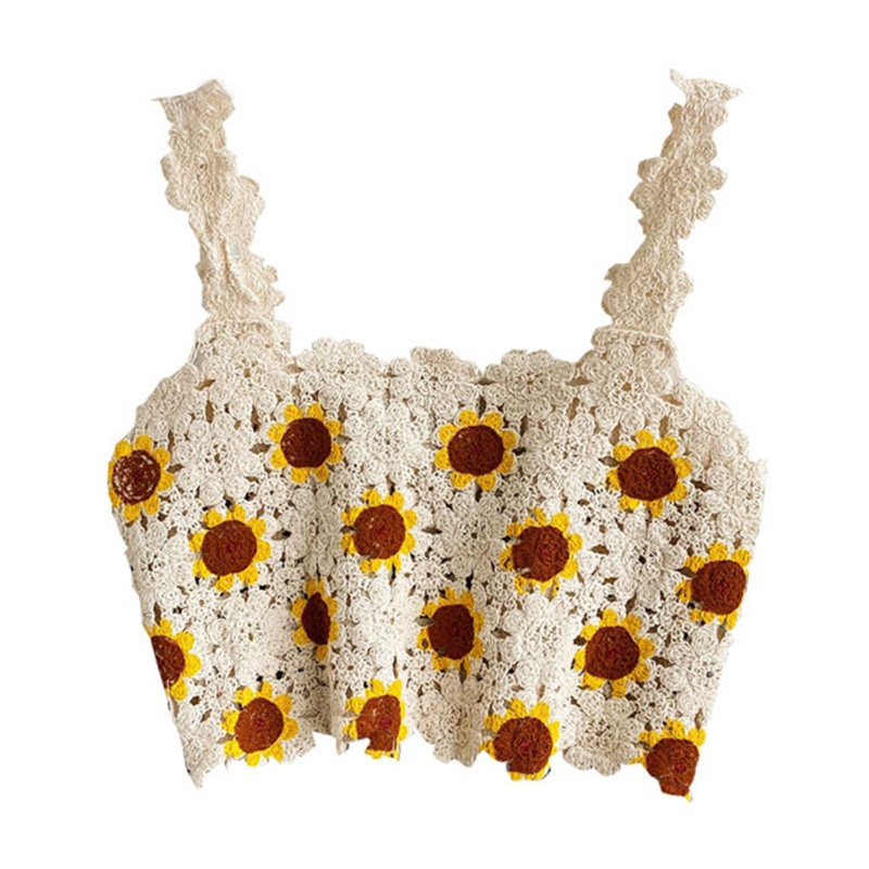 Áo Croptop Dệt Kim Không Tay Thêu Hoa Hướng Dương Phong Cách Cổ Điển Dành Cho Nữ