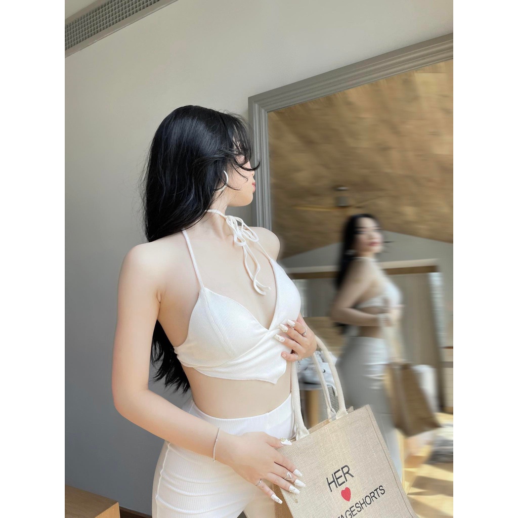 Áo croptop Nina, áo thun gân, áo yếm, áo cột cổ, áo thời trang có màu trắng và đen