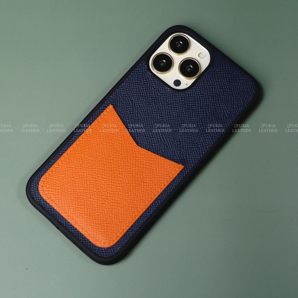 Ốp da thủ công khe thẻ Epsom Xanh Navy Khe Thẻ Cam dành IPhone 14/14Plus/14Pro/14Promax/13/13Pro/13Promax ODTC111