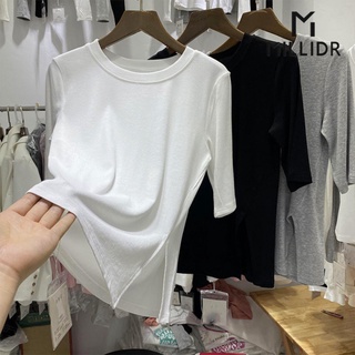 Áo Thun Tay Lửng 95% Cotton Xẻ Tà Màu Sắc Đơn Giản Dễ Phối Đồ Cho Nữ
