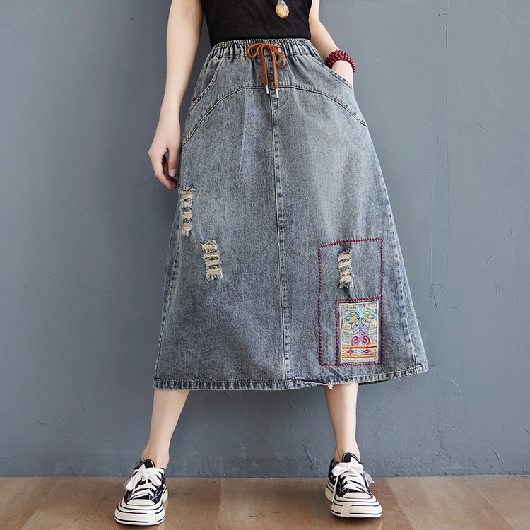 H276 Chân váy bò bigsize dáng dài cạp chun thời trang