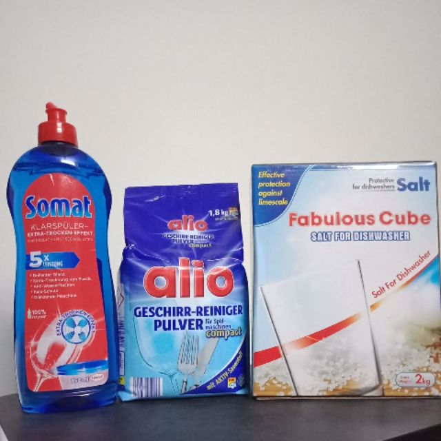 Bột rửa badt alio chuỷen dùng +chai bong Somat 750ml+hộp muối chuyên dụng 2kg