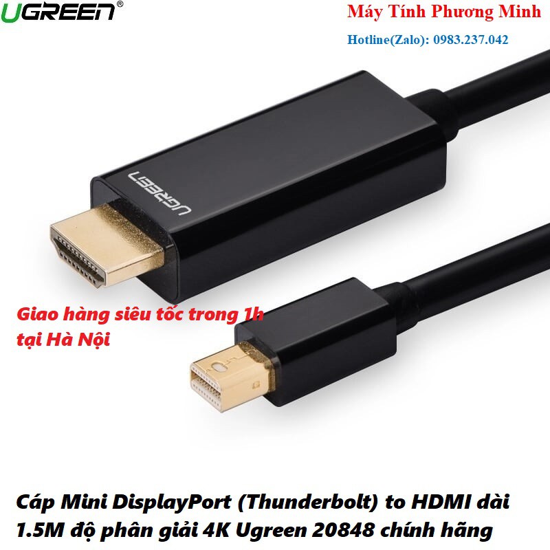 Cáp Mini DisplayPort (Thunderbolt) to HDMI dài 1.5M cao cấp độ phân giải 4K Ugreen 20848 - Hàng chính hãng