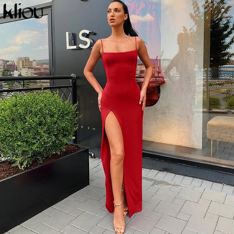 Kliou Sleeveless Slit Sexy Maxi Long Dress Autumn Winter Women Fashion Party Elegant Outfits Bodycon Black Pure Clothing | BigBuy360 - bigbuy360.vn